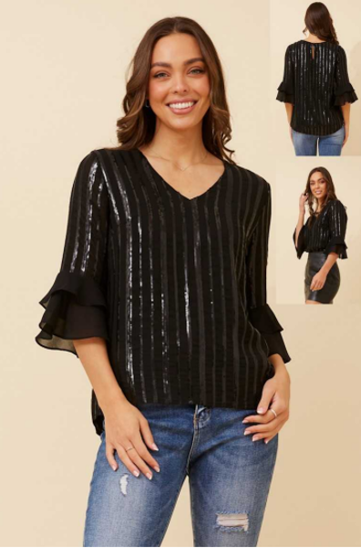 Sequence Flounce Blouse - Black | Caroline K Morgan