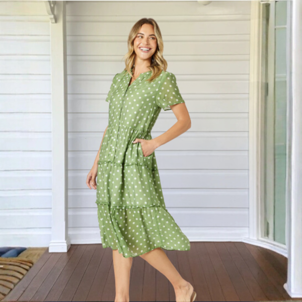 Basil Spot Dress- Basil/white | Gordon Smith