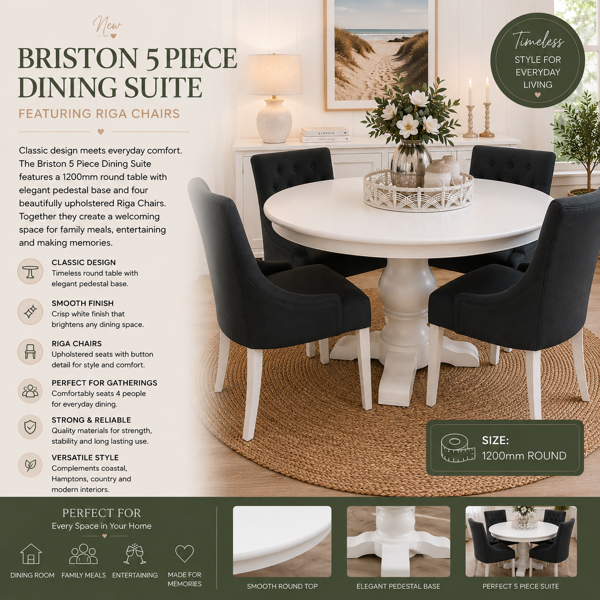 Bristol 5 Piece Dining Suite featuring Riga Fabric Dining Chair | White/Charcoal