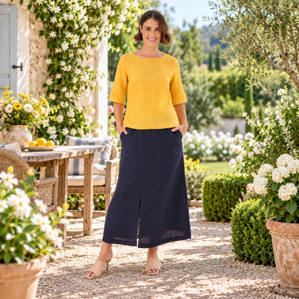 Linen Boat Neck Button Back Top - Marigold  Seesaw