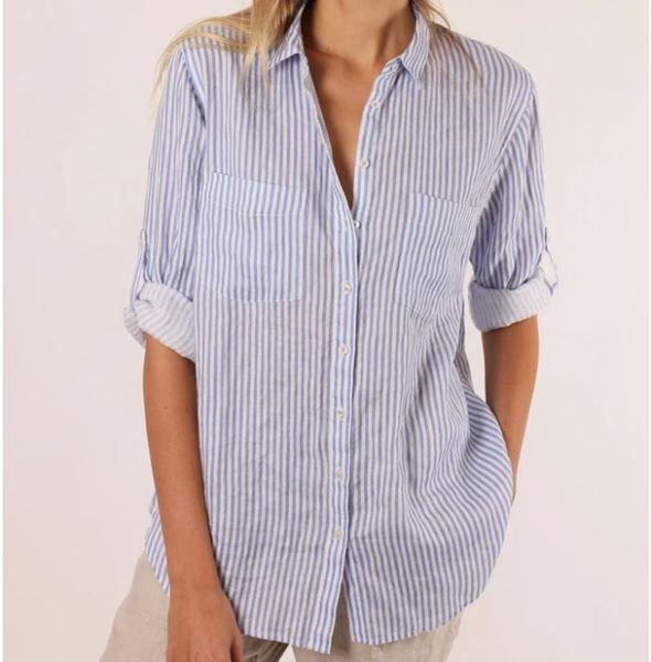 Boyfriend Linen Shirt - Blue & White Stripe Printed - The Hut 