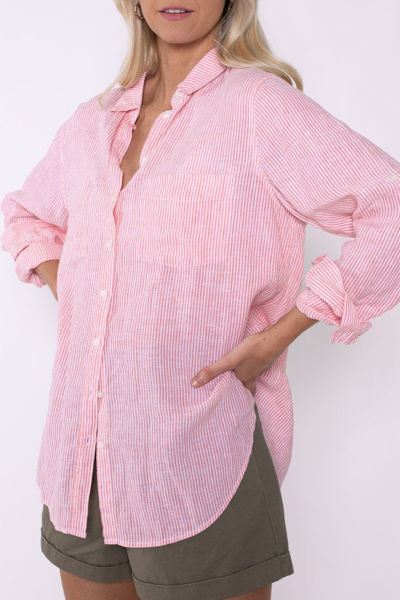Picture of Linen Boyfriend Shirt - Coral Chambray Fine Stripe| The Hut