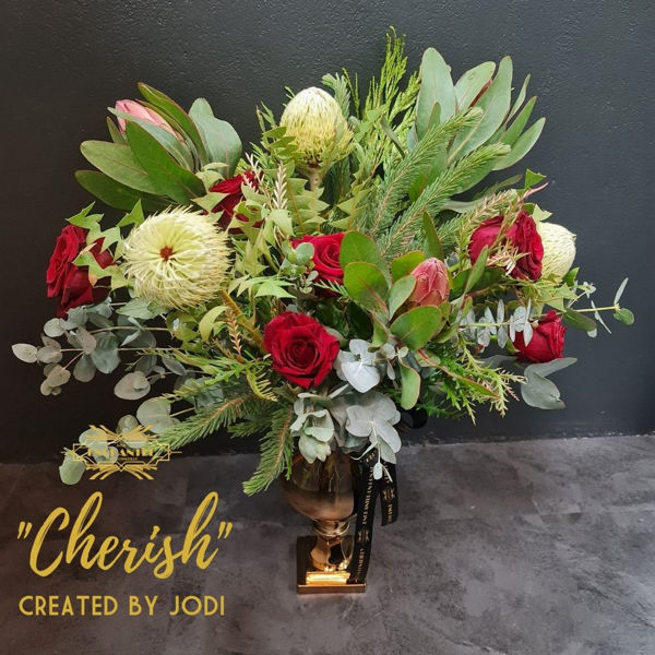 "Cherish" | Natives & Red Roses in Vase