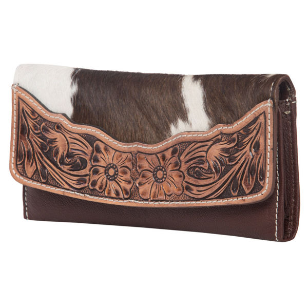 Tooling Leather Flap Cowhide Wallet | Brown & White
