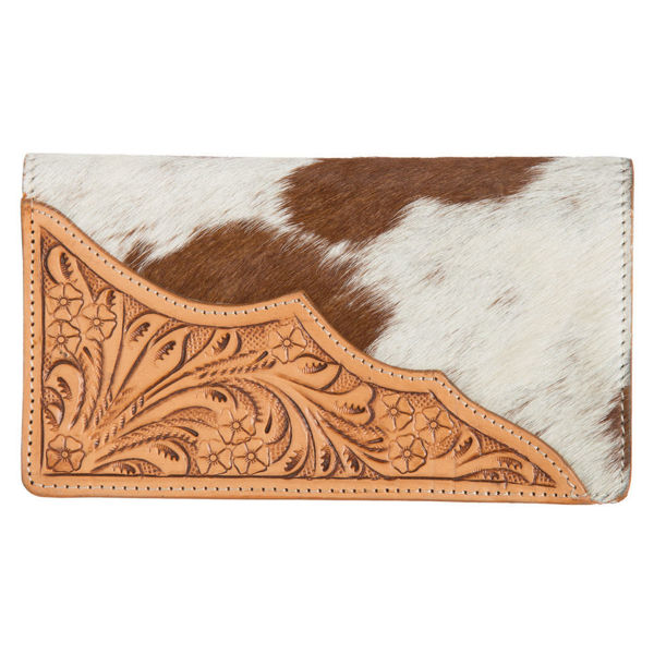 Tooling Leather Flap Cowhide Wallet |Tan & White
