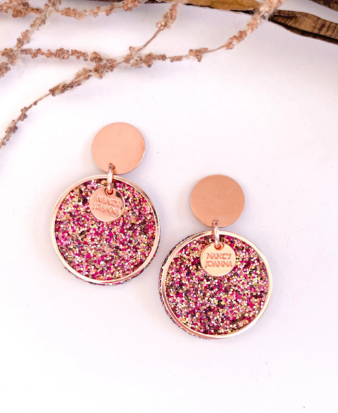 Deep Plum Glitter Round Earings - Rose Gold | Nancy Joanna Concrete Collection