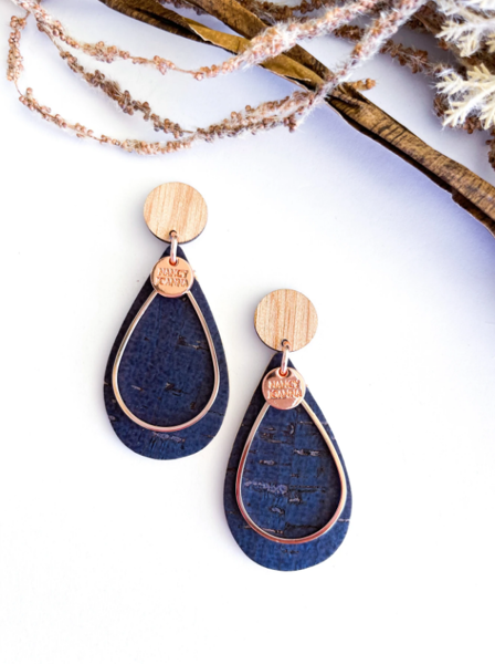 Wooden Top with Navy Cork Teardrop Earings - Rose Gold  | Nancy Joanna Concrete Collection