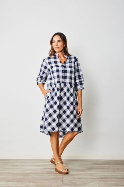 3/4 Sleeve Tiered Dress - Navy/White | Seesaw