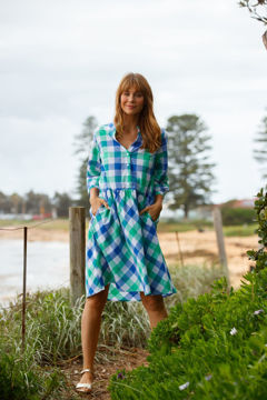 3/4 Sleeve Tiered Dress - Blue/Green/White | Seesaw