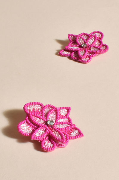 Layered Hand Stitched Flower Earings - Pink | Adorne