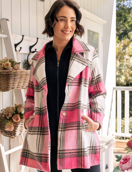 Brushed Wool Check Coat - Pink Combo | Seesaw