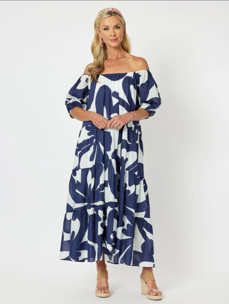 Malaba Cotton Print Tiered Maxi Dress - Navy/White | Hammock & Vine