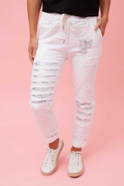 Aida Sequin Patch Joggers - White | Bottega Moda