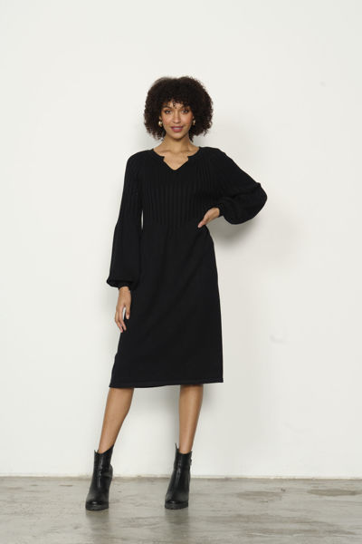 Half Rib Knit Dress Puff Sleeve - Black | Caju