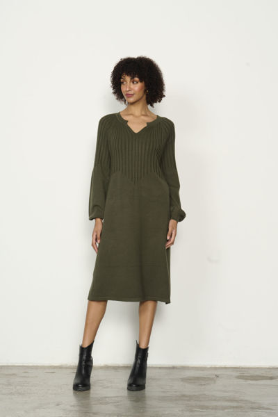 Half Rib Knit Dress Puff Sleeve - Olive | Caju