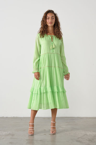 Hand Embroidered Dress with Trims & Tassel Tie - Lime | Caju