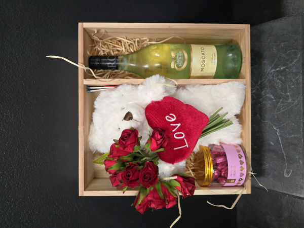 Moscato & Heart Chocolates Hamper | Presented In A Wooden Hamper Box (Silk Flowers)