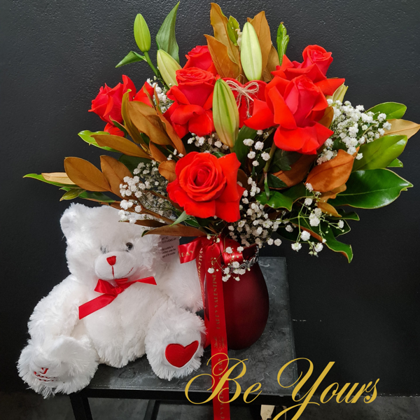 "Be Yours" | Deluxe Roses, Lillies & Bear with Vase