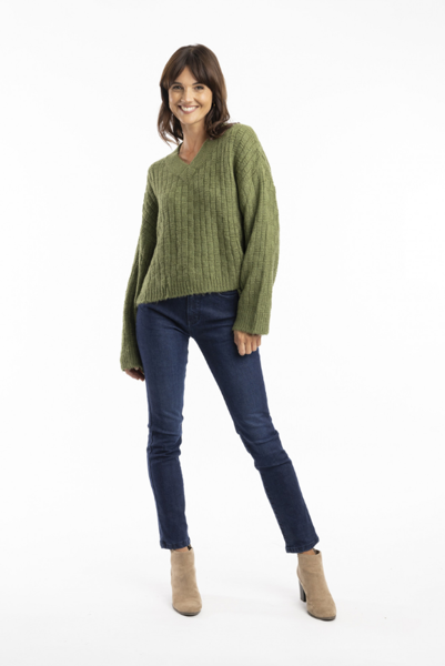 Alpaca Blend Knit V Neck Jumper- Olive | Escape by QC