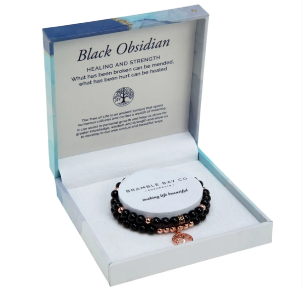 Picture of Black Obsidian Rose Gold | Tree of Life Duo Bracelet Set