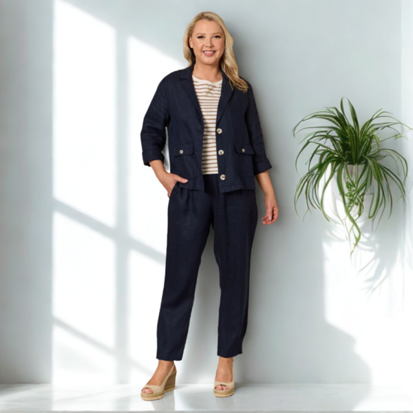 Sarah Linen Pleat Hem Pant - Navy | Gordon Smith