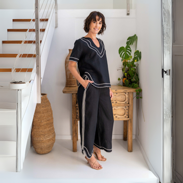 Embroidery Trim Wide Leg Pant - Black/Natural | Seesaw