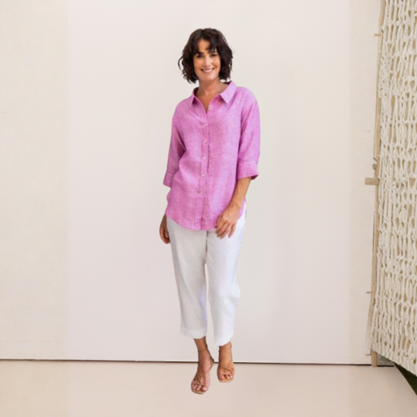 3/4 Sleeve Boyfriend Shirt - Raspberry | Seesaw