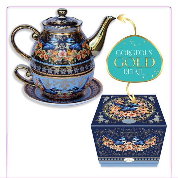 Lisa Pollock Blue Wrens Tea for One Set | Ceramic Teapot Cup Gift Set