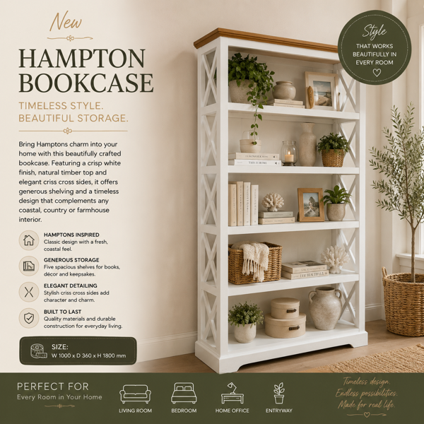 Hampton Bookcase - Criss Cross Sides | White/Natural Timber