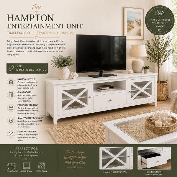 Hampton Large Entertainment Unit - 2100 | White Acacia Wood Finish