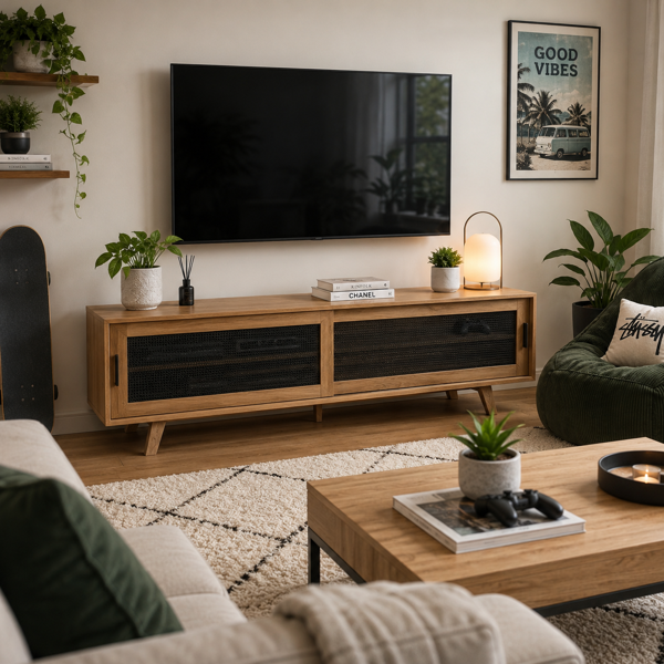 Lark Entertainment Unit | Natural Timber & Metal Mesh
