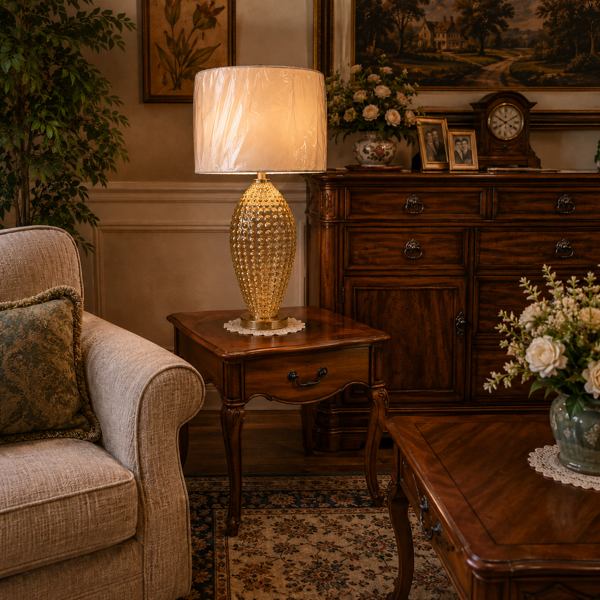 Gold Glass Lamp  Linen Shade