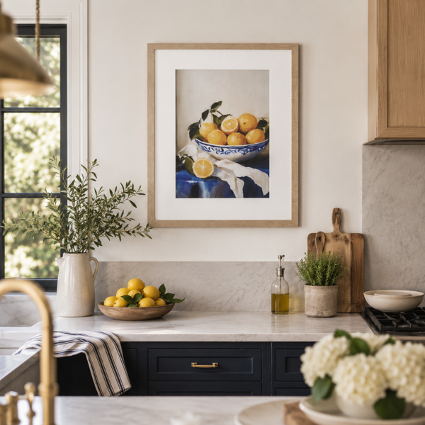 Orange Blue China Bowl Framed Print -  40cm x 50cm  Madras Link