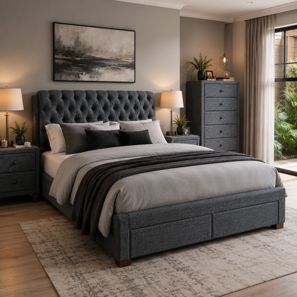 Byron Fabric Queen Bed Frame with End Draws | Grey